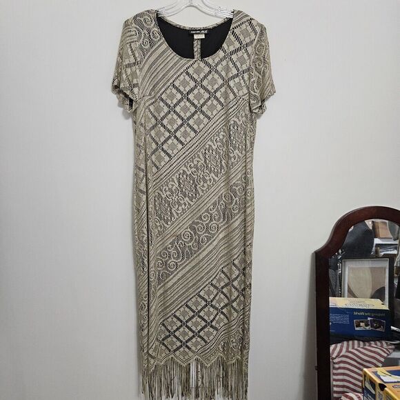 Vtg Shar Ade Of Cal Lace Overlay Dress Womens 14 Beige Gold Over Black Fringe - Picture 1 of 9
